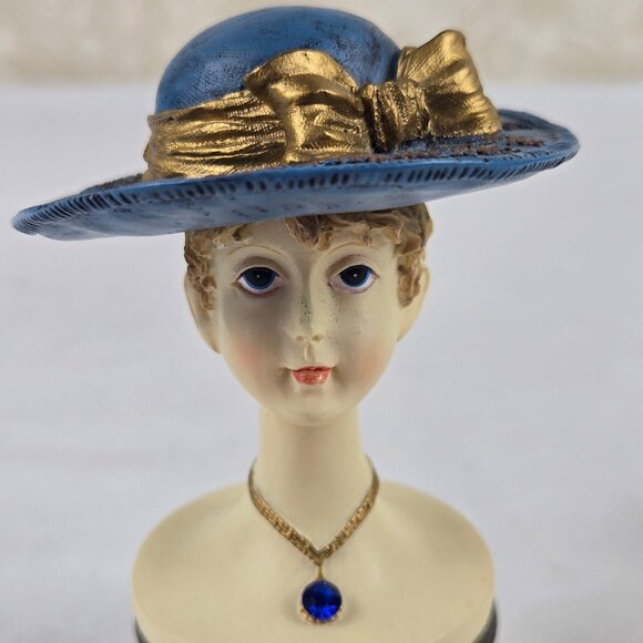 Set of 2 Trinket Boxes Ladies Wearing Hats Floral Accents on Base Resin Crystal - Picture 2 of 16